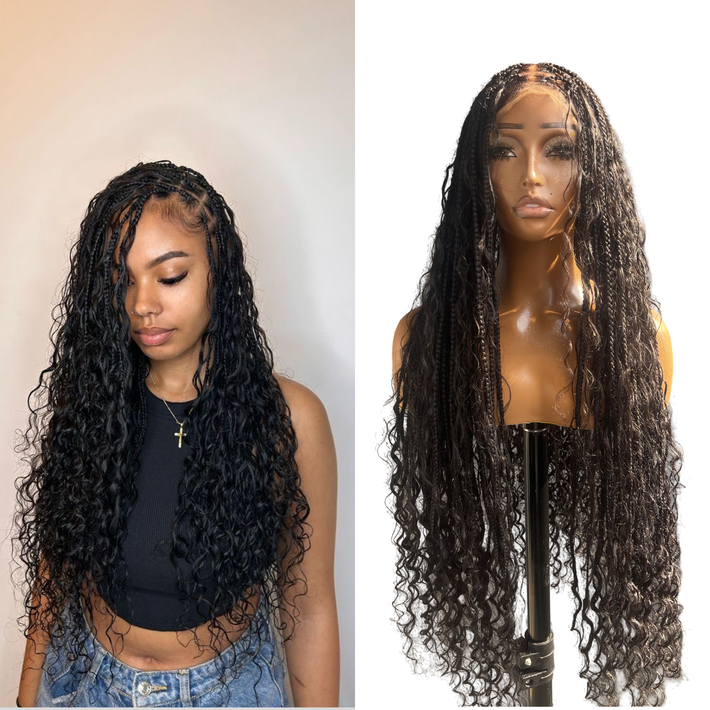Boho Braided Wig With Human Hair Curls - Transparent Lace Front Knotless Braided Wig With Baby Hairs