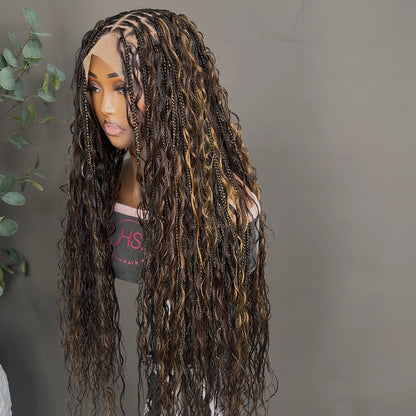 Boho Braided Wig With 
Neosilk™ Extensions - Transparent Lace Front Knotless Braided Wig With Baby Hairs (Brown Highlights)