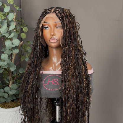 Boho Braided Wig With 
Neosilk™ Extensions - Transparent Lace Front Knotless Braided Wig With Baby Hairs (Brown Highlights)