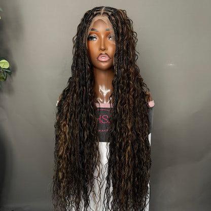 Boho Braided Wig With 
Neosilk™ Extensions - Transparent Lace Front Knotless Braided Wig With Baby Hairs (Brown Highlights)
