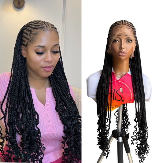 Fulani Half Up/Down Cornrow Braided Wig with Curls - HD Transparent Full Lace Braided Wig With Baby Hairs