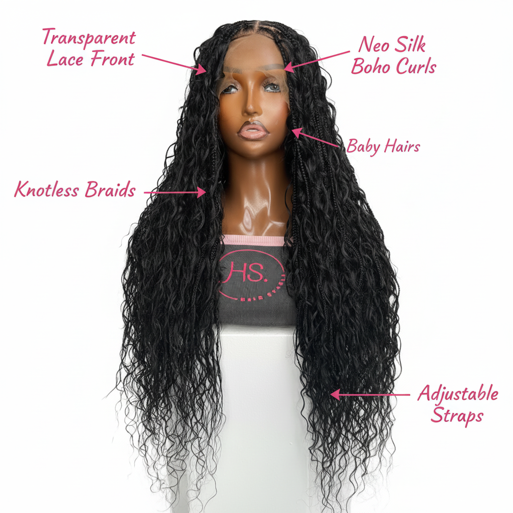 Boho Braided Wig with Pink Feature Labels